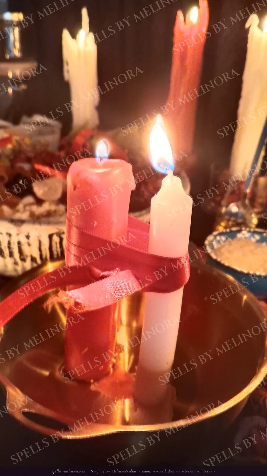 Melinora's altar set for a casting: candles, salt and a name paper